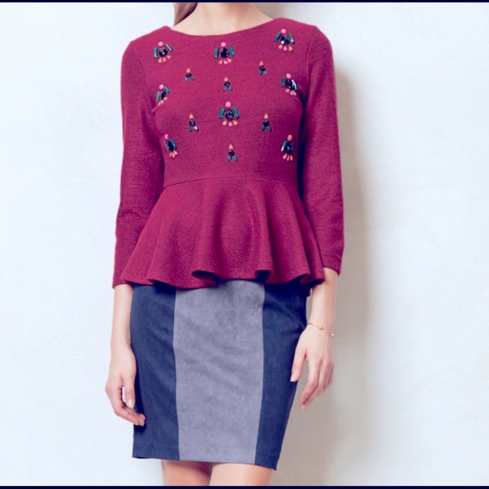 Anthropologie Embellished Jeweled Peplum Top Sz Small
